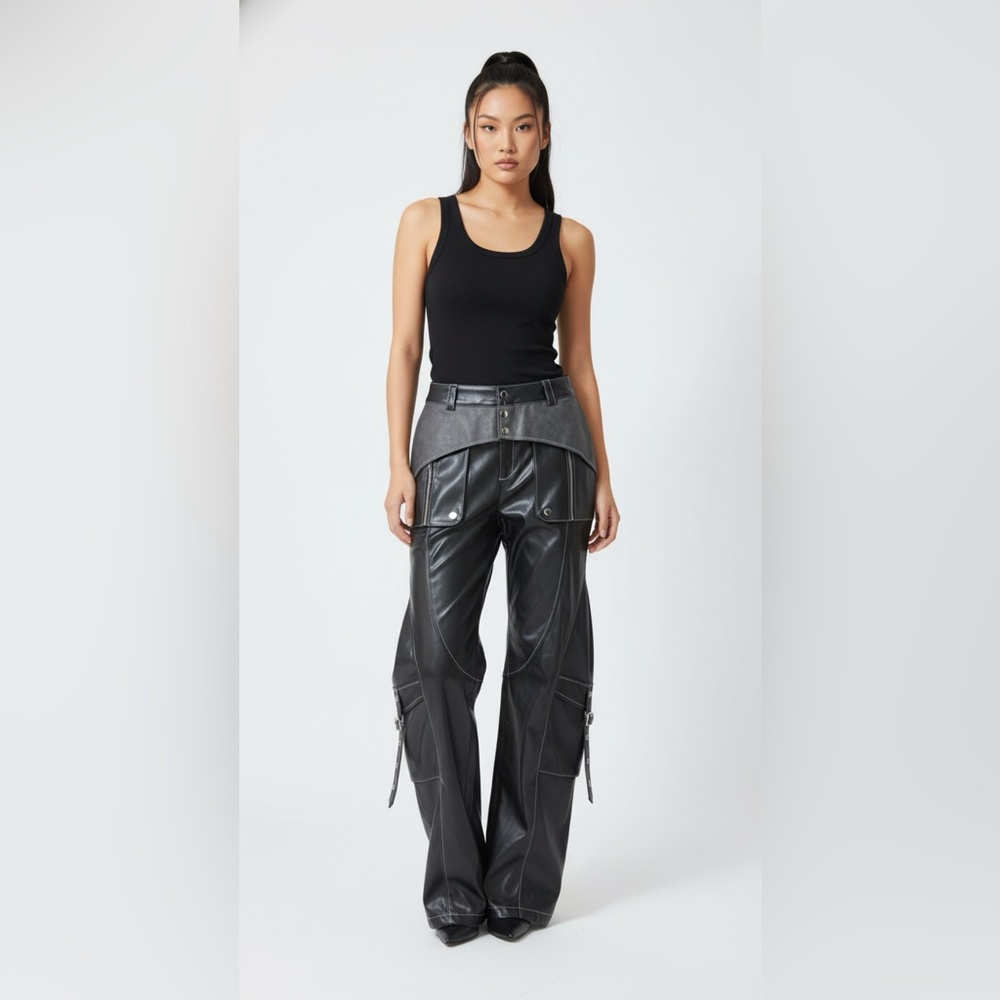 Chic Black Wide Leg Leather Pants